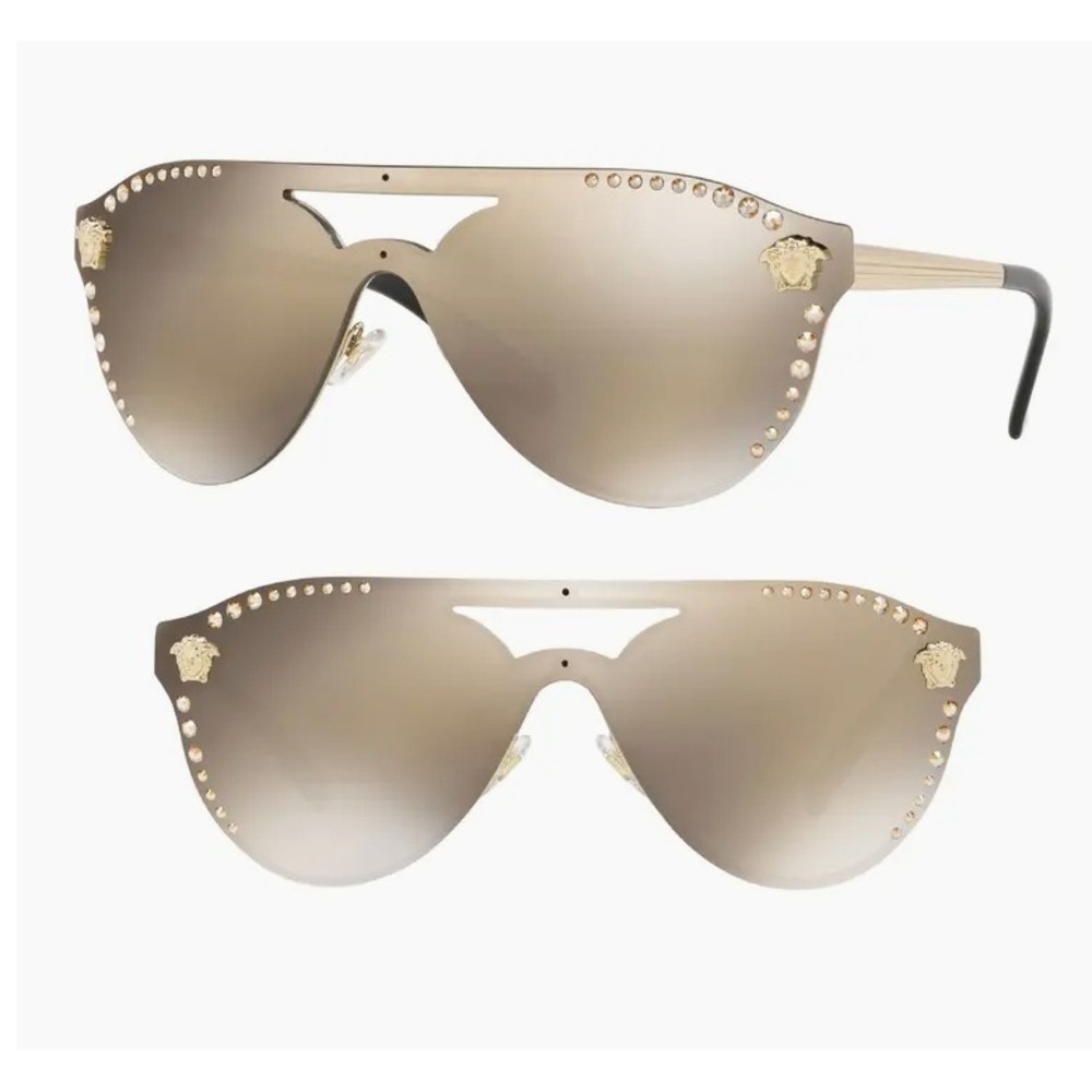 Versace VE2167 Gold Medusa Shield Sunglasses Mirrored Crystal Wrap Women